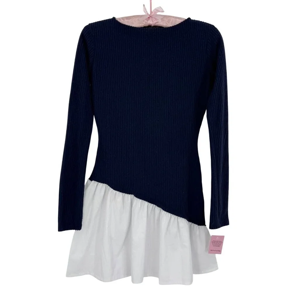 NWT PrettyLittleThing Navy Brushed Rib Asymmetric Ruffle Mini Dress Skater Style - Picture 2 of 16